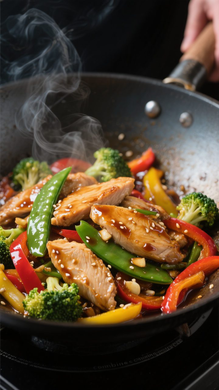 Close-up detail: Sizzling chicken stir fry in a wok during the “combine chicken and sauce” step