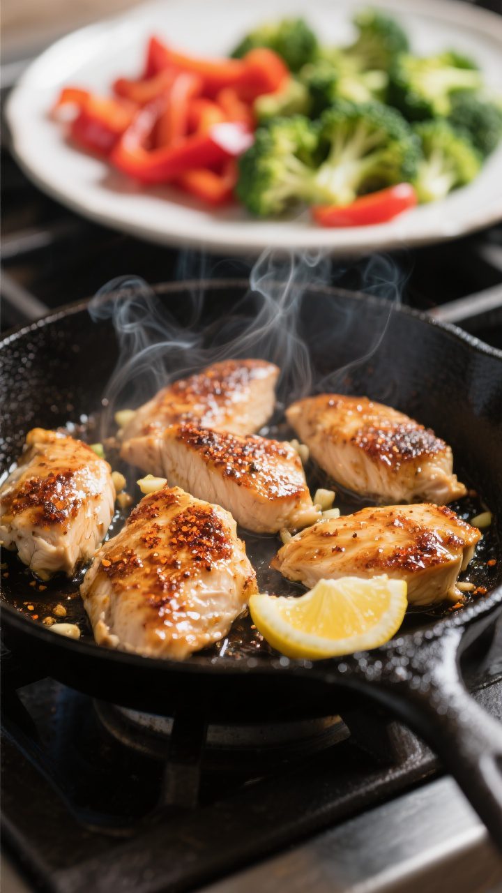 Close-up detail: Sizzling marinated chicken breast pieces searing in a black cast-iron skillet, ligh