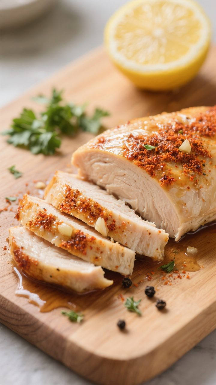 Close-up detail: Sliced baked chicken breast resting on a wooden cutting board after baking, juices