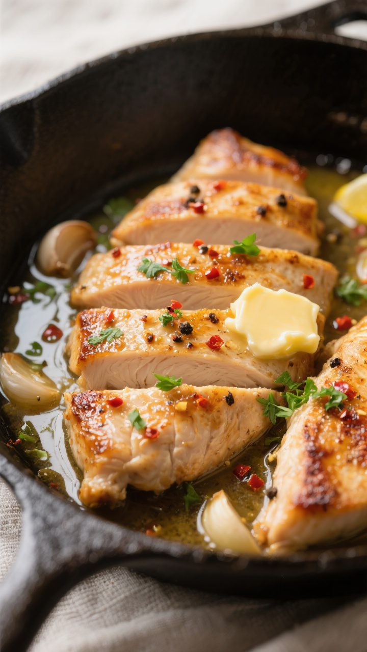 Close-up detail: Sliced chicken cutlets seared to golden-brown in a cast-iron skillet, glistening wi
