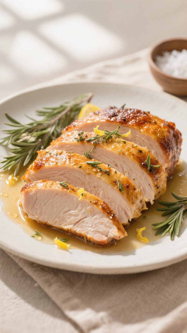 Close-up detail: Sliced juicy roast turkey breast just after resting, showing glistening, tender int
