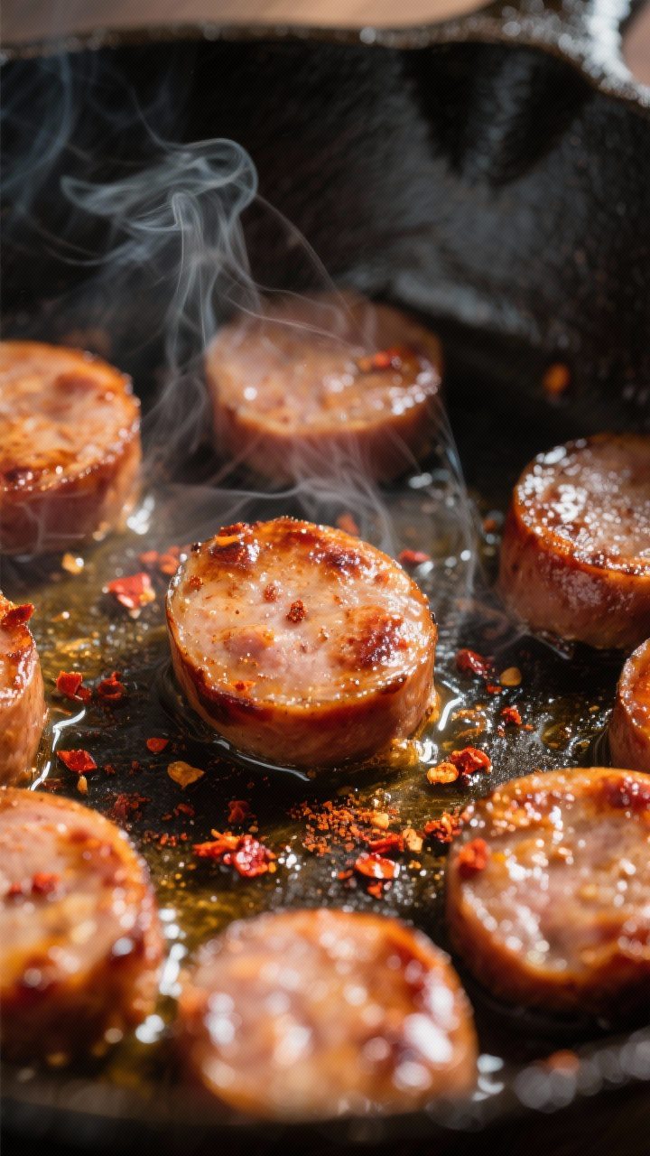 Close-up detail: Sliced sausage rounds searing in a cast-iron skillet, edges deeply browned and slig