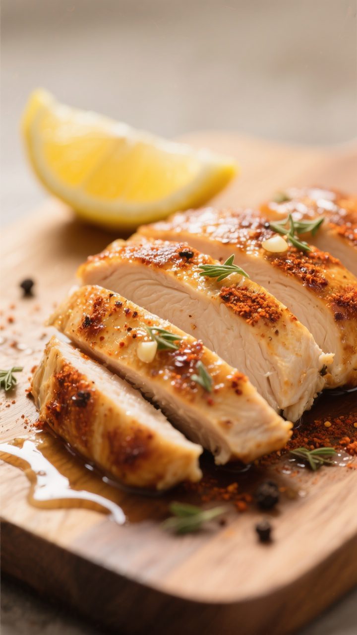 Close-up detail: Sliced seared chicken breast resting on a board, glistening juices and deep golden