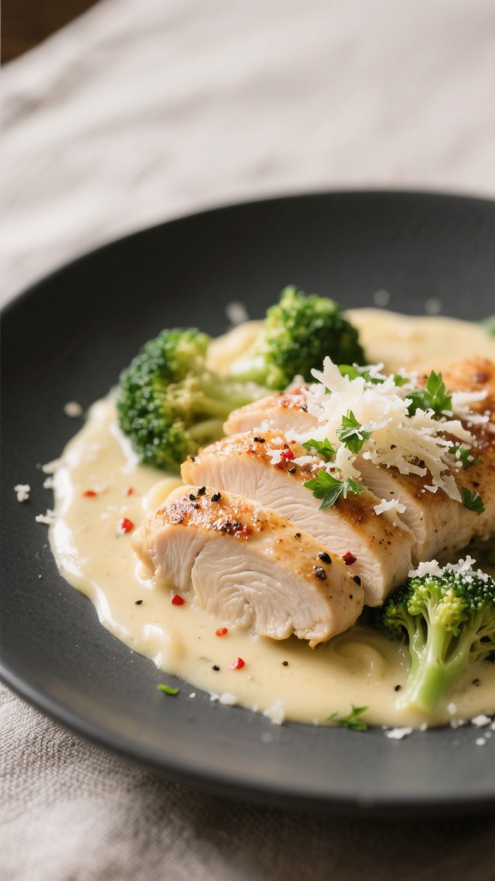 Close-up detail: Sliced seared chicken cutlets nestled in a silky Parmesan-garlic Alfredo sauce, sau