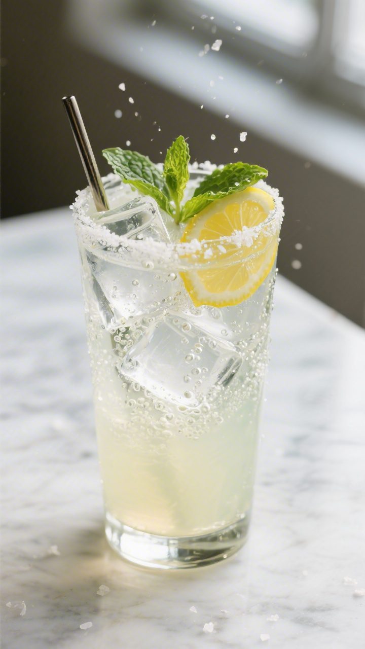 Close-up detail: Sparkling Lemonade Mocktail being gently stirred once in a chilled highball glass,