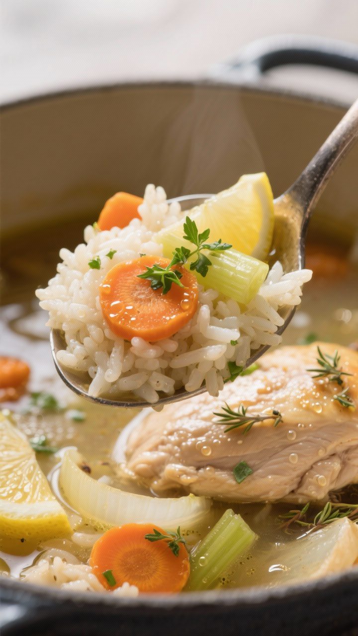Close-up detail: Spoonful lifted from the pot with perfectly tender rice and juicy chicken, close-up