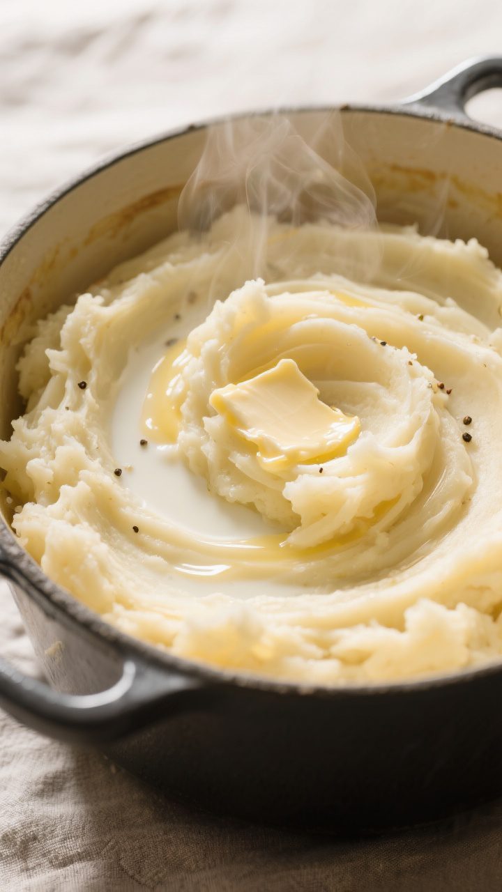 Close-up detail: Steaming-hot, just-mashed potatoes riced into a Dutch oven, ribbons of melted butte