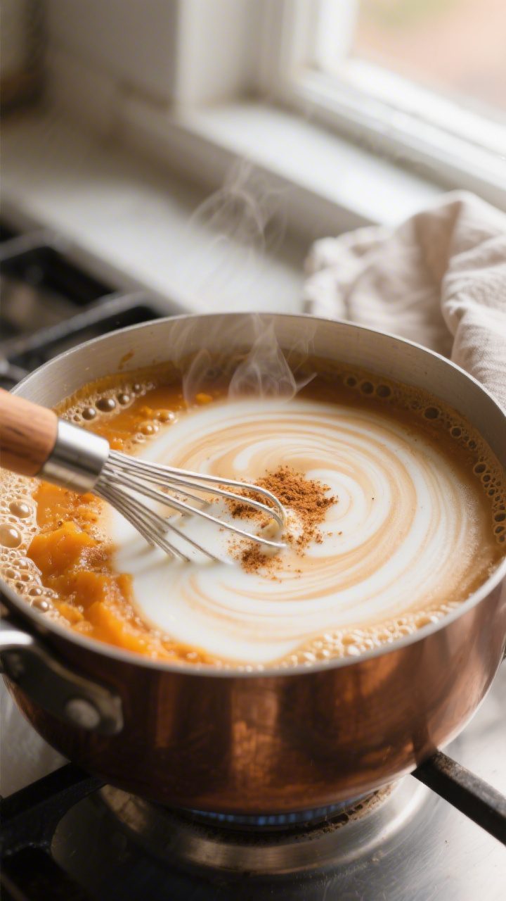 Close-up detail: Steaming pumpkin spice latte base swirling in a small saucepan during a gentle simm