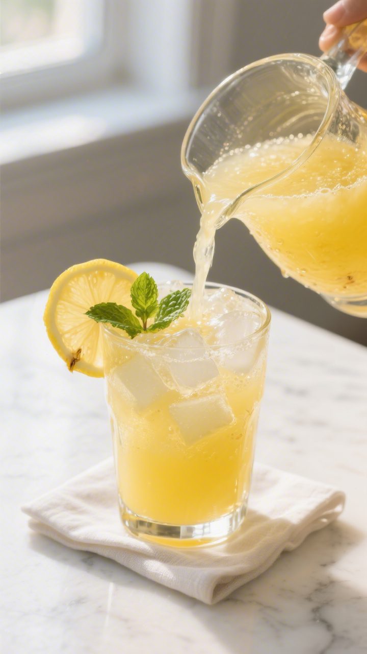 Close-up detail: Strained pineapple lemonade being poured from a chilled glass pitcher into an ice-f