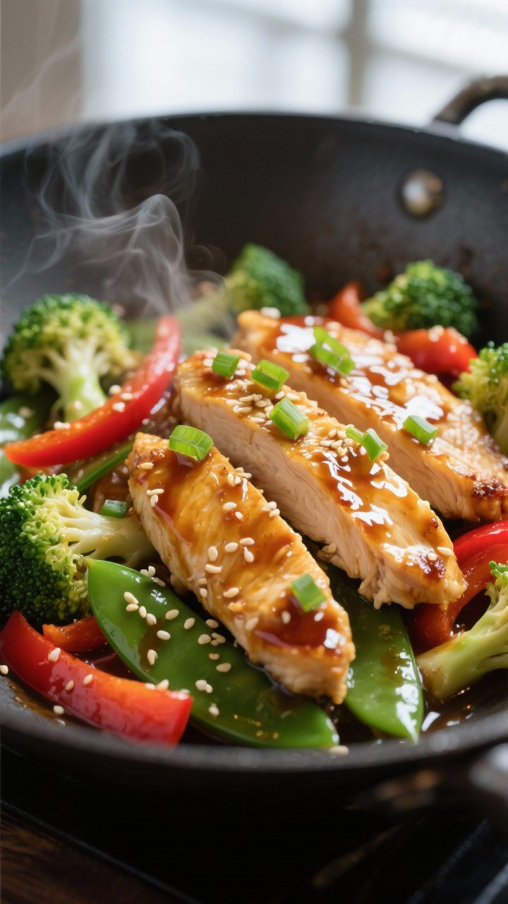 Close-up detail: Tender, golden-seared chicken breast strips glazed in a glossy soy-ginger-honey sau