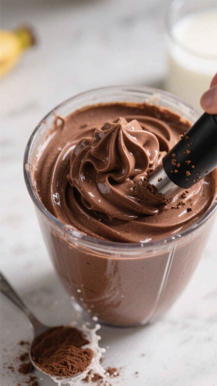 Close-up detail: Thick chocolate banana smoothie bowl mid-blend in a high-speed blender jar, spoonab