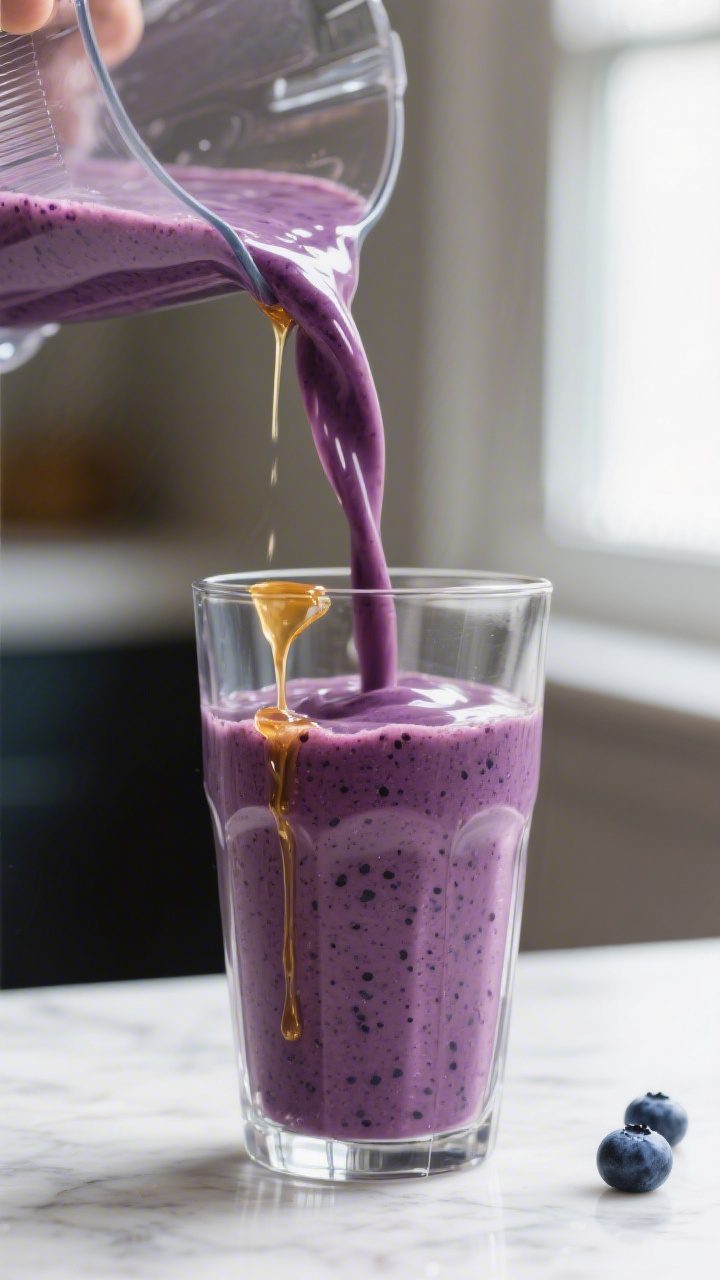 Close-up detail: Thick, creamy blueberry smoothie being poured from a blender into a tall clear glas