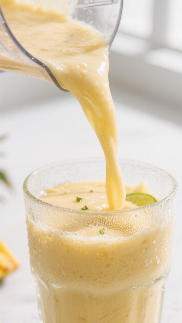 Close-up detail: Thick, creamy mango pineapple smoothie being poured from a blender into a chilled c