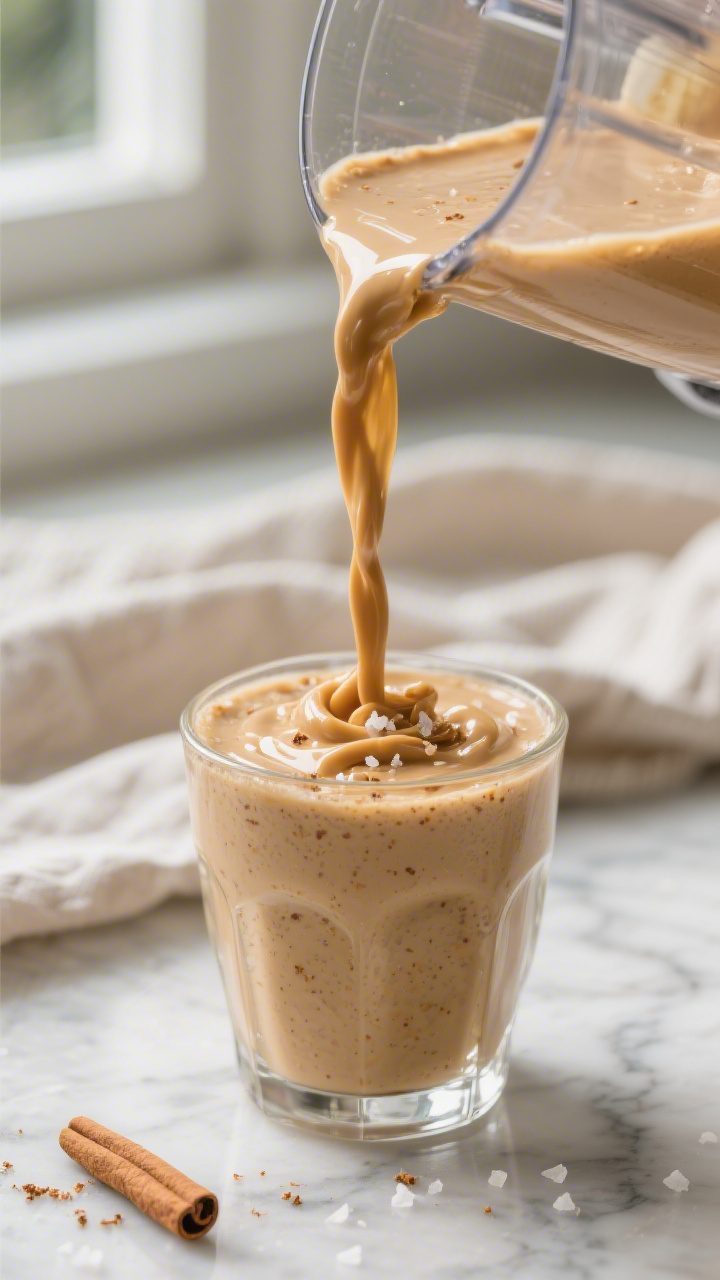 Close-up detail: Thick, creamy peanut butter banana smoothie being poured from a blender into a chil