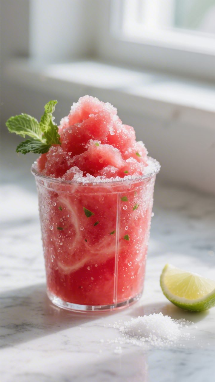 Close-up detail: Thick, frosty watermelon slushie mid-blend in a clear blender jar, icy ruby-red pur