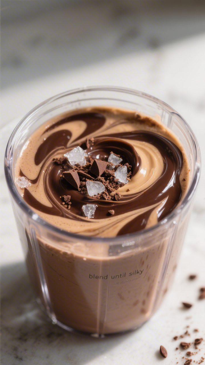 Close-up detail: Thick, silky chocolate protein shake mid-blend inside a clear glass blender jar, ri