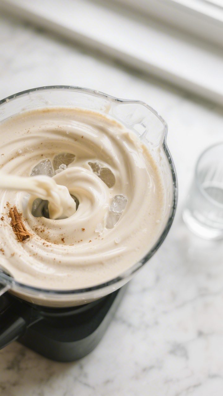 Close-up detail: Thick vanilla protein smoothie mid-blend in a high-speed blender, vortex swirling w