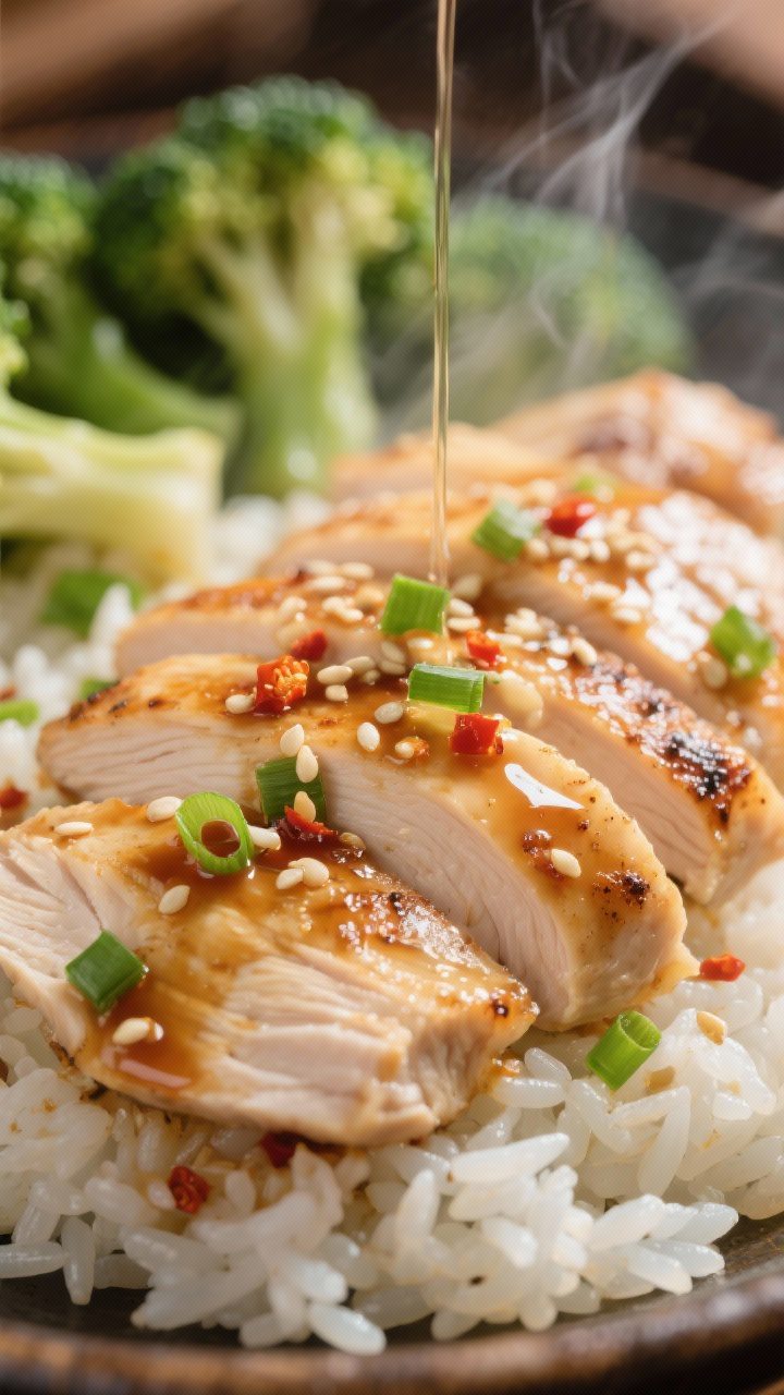 Close-up detail: Tight macro of sliced chicken fanned over rice with the sauce mid-drizzle—capturi
