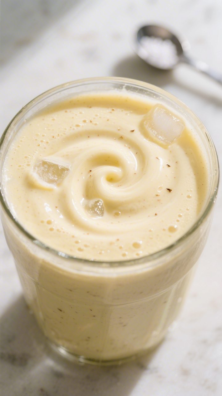 Close-up detail: Ultra-creamy banana smoothie mid-blend in a glass blender jar, pale yellow and velv