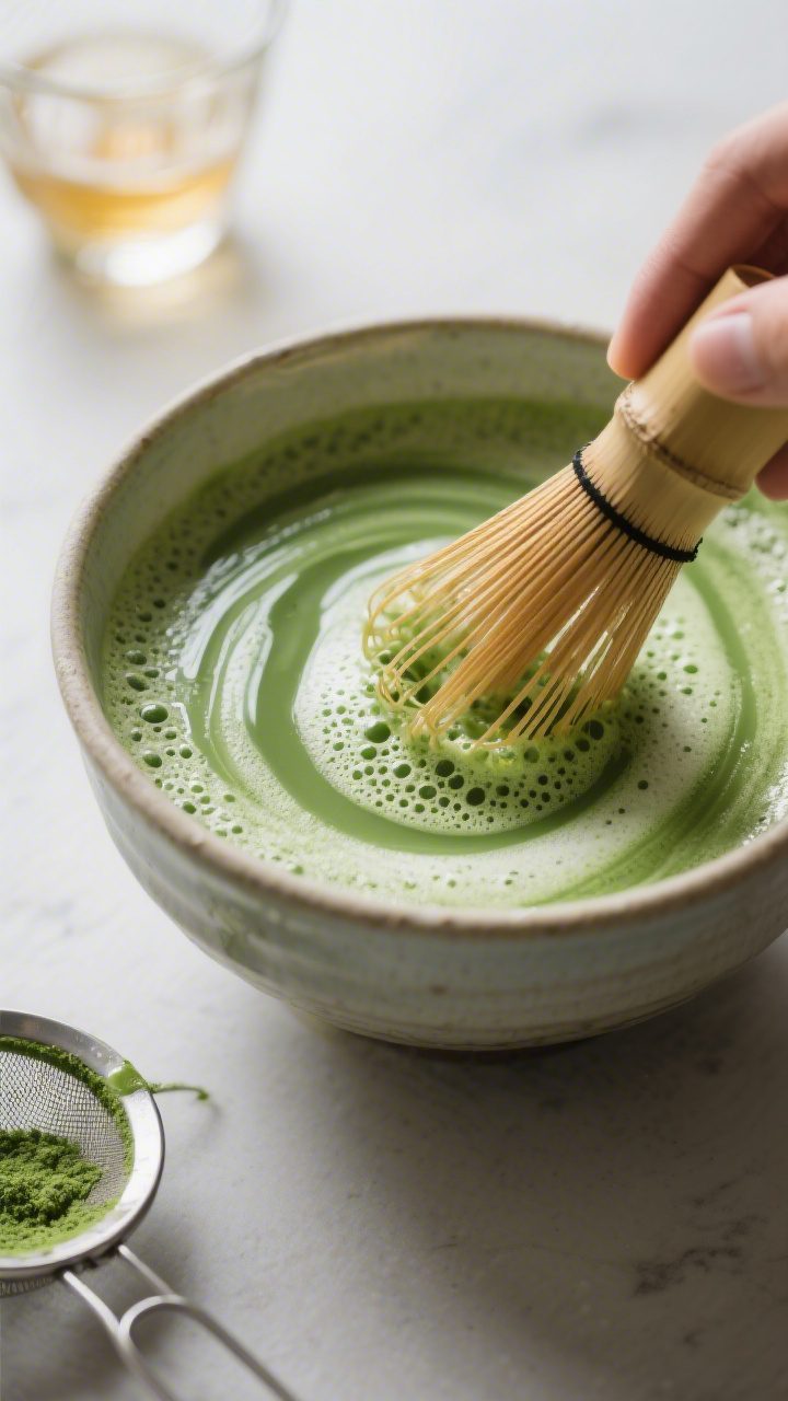 Close-up process shot: frothy matcha concentrate being whisked in a small ceramic bowl with a bamboo
