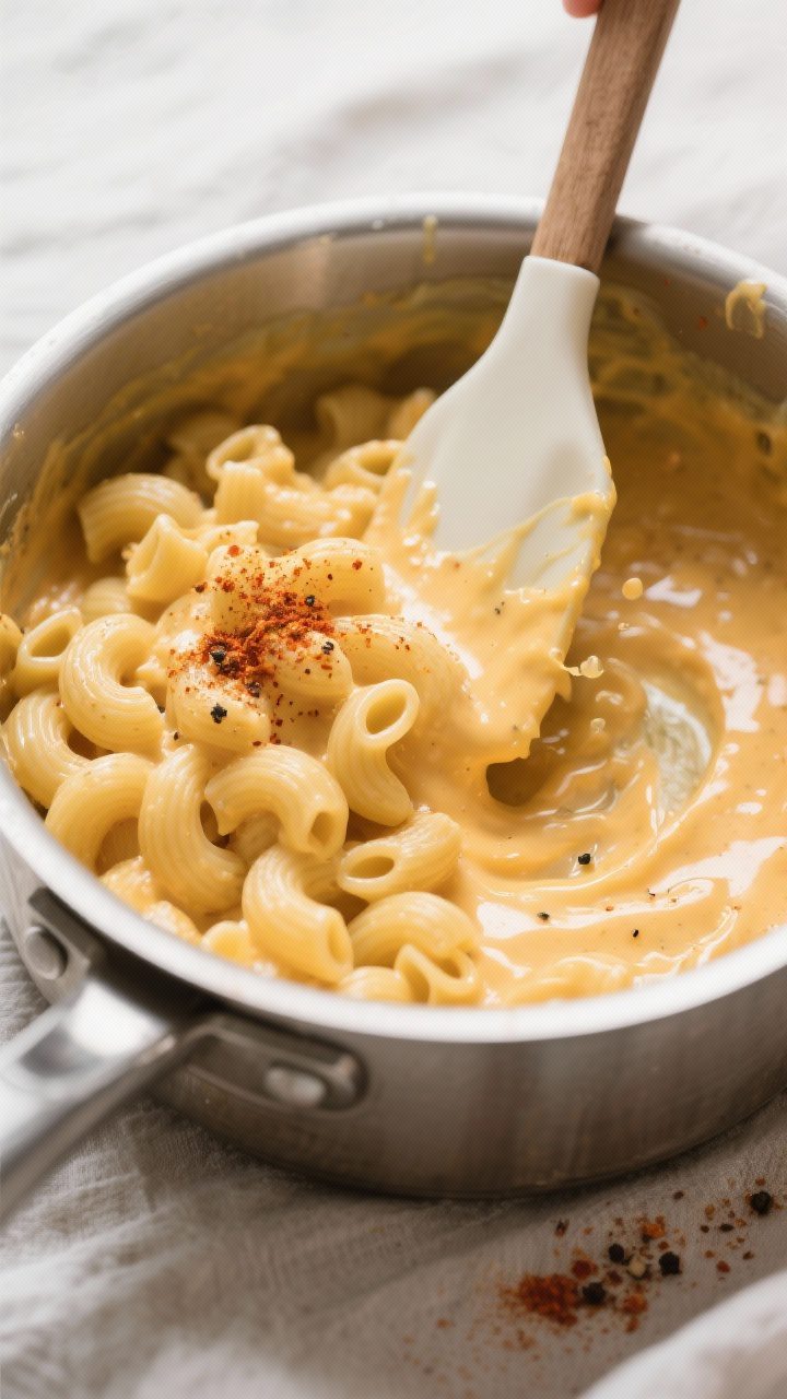 Cooking process action: Just-cooked elbow macaroni being folded into the finished cheese sauce with