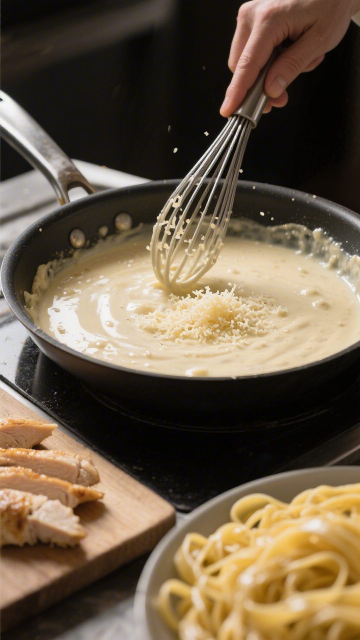 Cooking process: Action shot of the Alfredo sauce being finished—Parmesan added gradually and whis