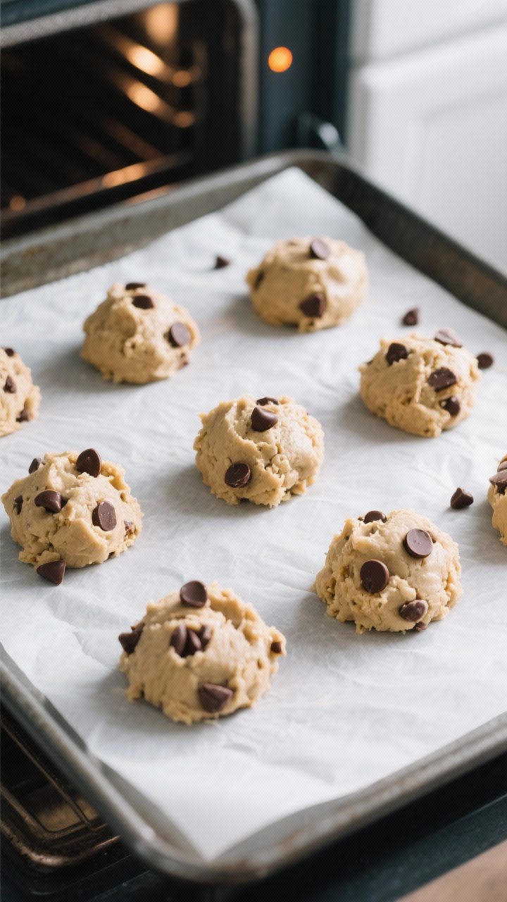 Cooking process: An overhead shot of thick, chilled cookie dough scooped into uniform 2-tablespoon m