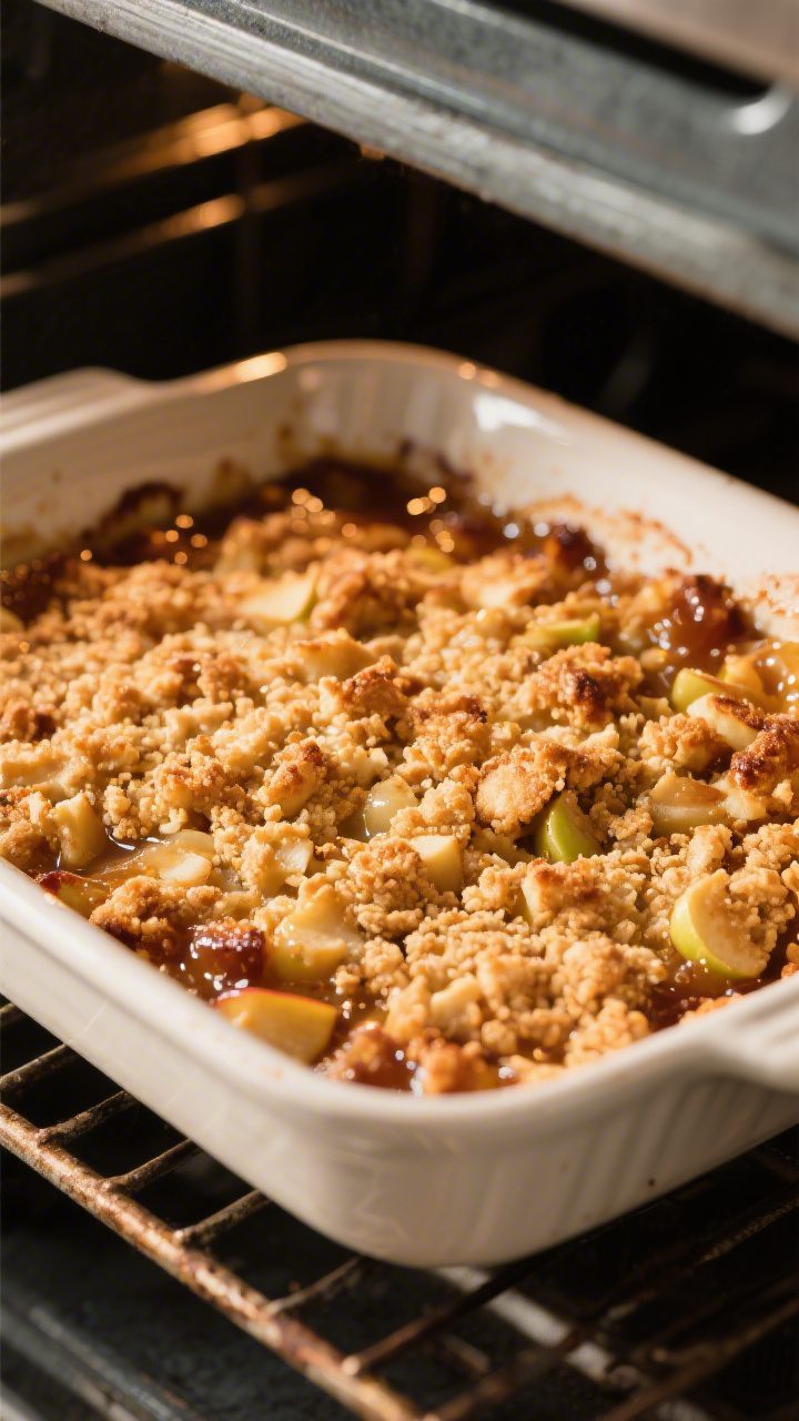 Cooking process: Apple crisp mid-bake moment as the topping turns deeply golden and the filling bubb