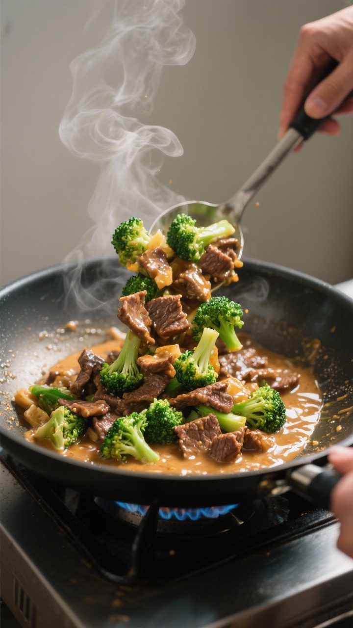 Cooking process: Beef and broccoli stir fry being tossed in a large skillet over high heat, action s