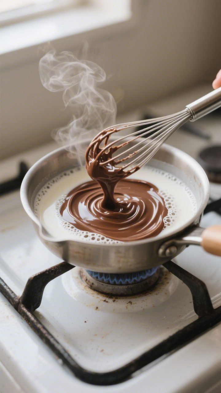 Cooking process – Bloomed cocoa paste being whisked into steaming milk: close-up of a small saucep
