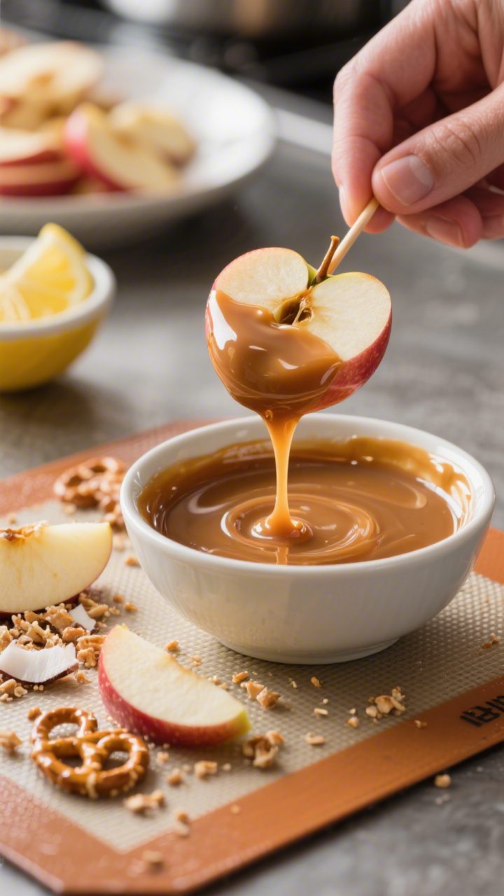 Cooking process: Caramel apple slices being dipped and dressed—an apple wedge on a stick held just