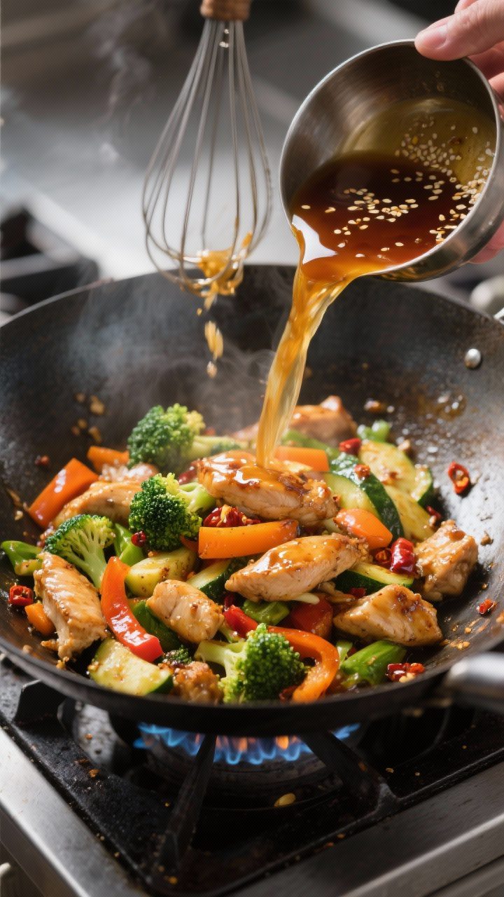 Cooking process: Chicken and mixed vegetables being stir-fried in a large carbon-steel wok over medi