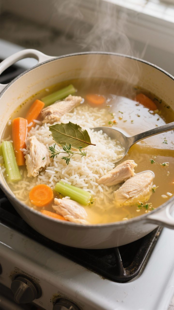 Cooking process: Chicken and rice soup simmering in a wide Dutch oven, overhead shot showing tender