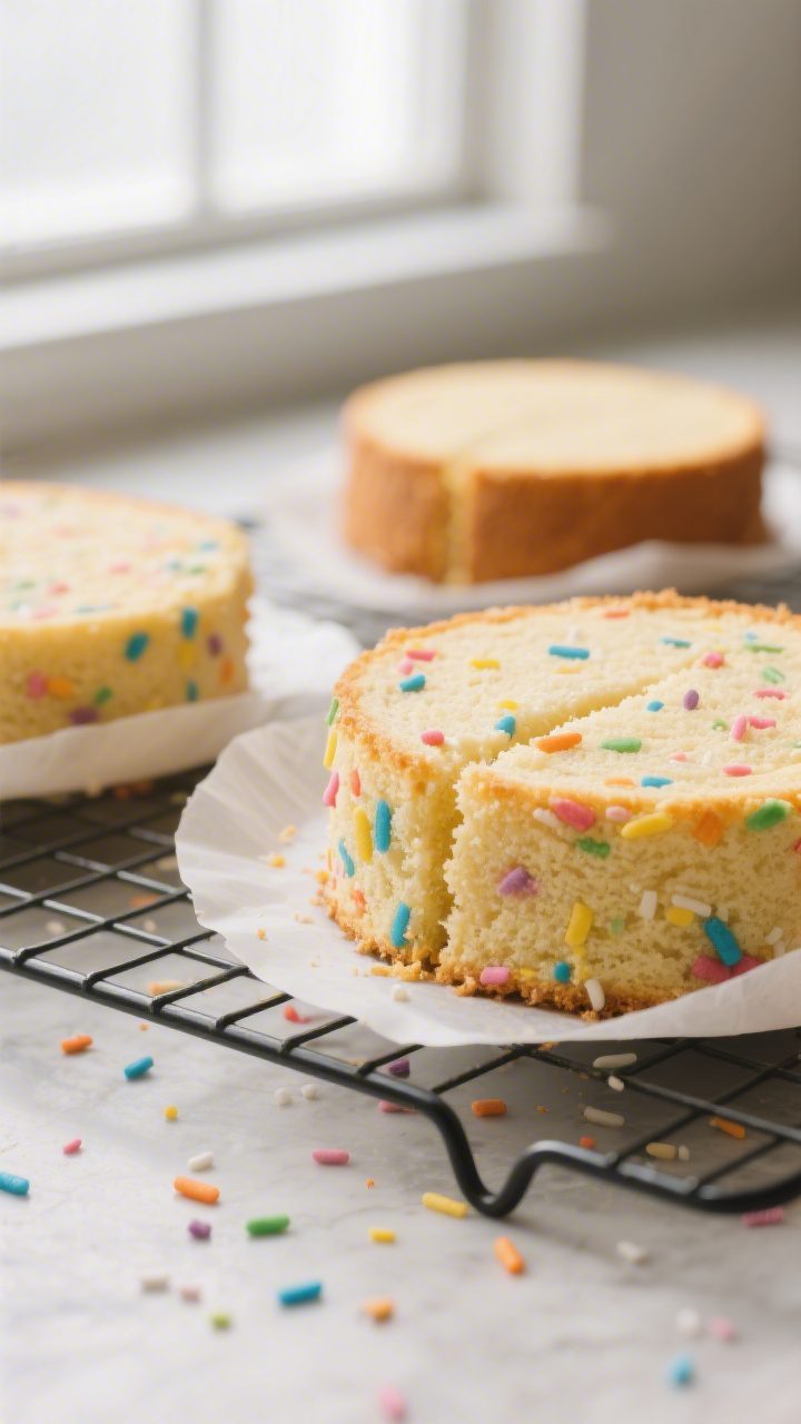 Cooking process close-up: A 3/4-angle shot of freshly baked Funfetti cake layers cooling on wire rac