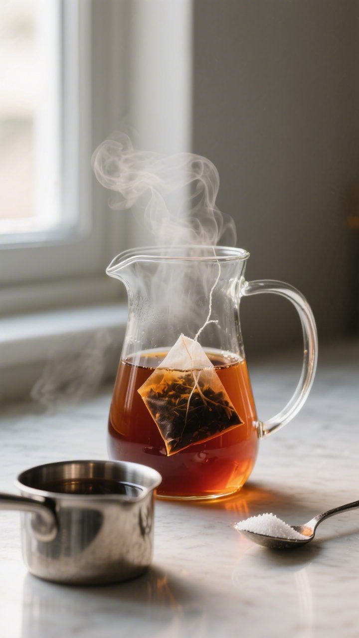 Cooking process close-up: A heatproof glass pitcher filled with freshly steeped black tea concentrat