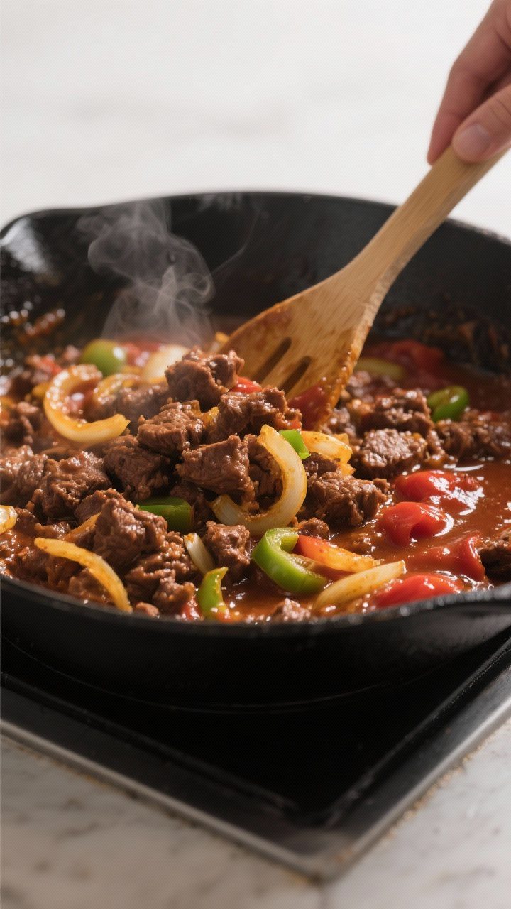 Cooking process close-up: A large black skillet on the stovetop with the Sloppy Joe mixture at a glo