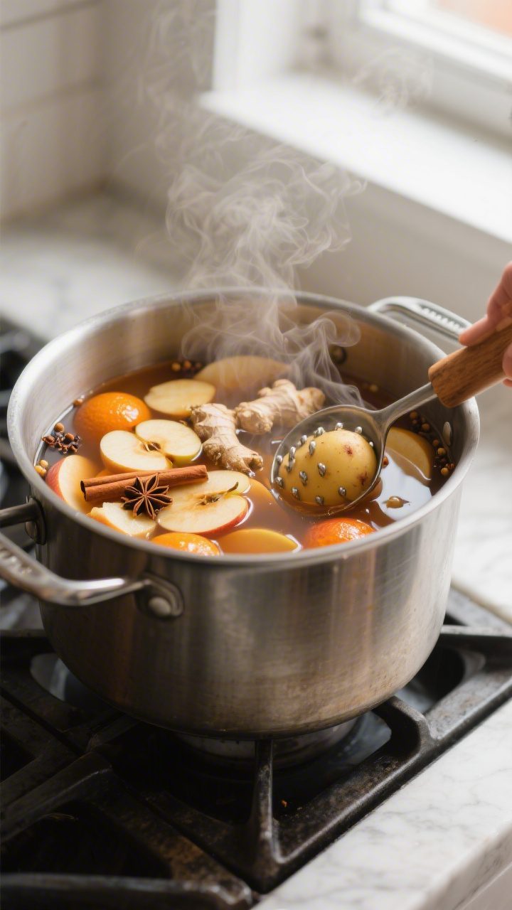 Cooking process, close-up: A large stainless stockpot of simmering apple cider on the stovetop, frui