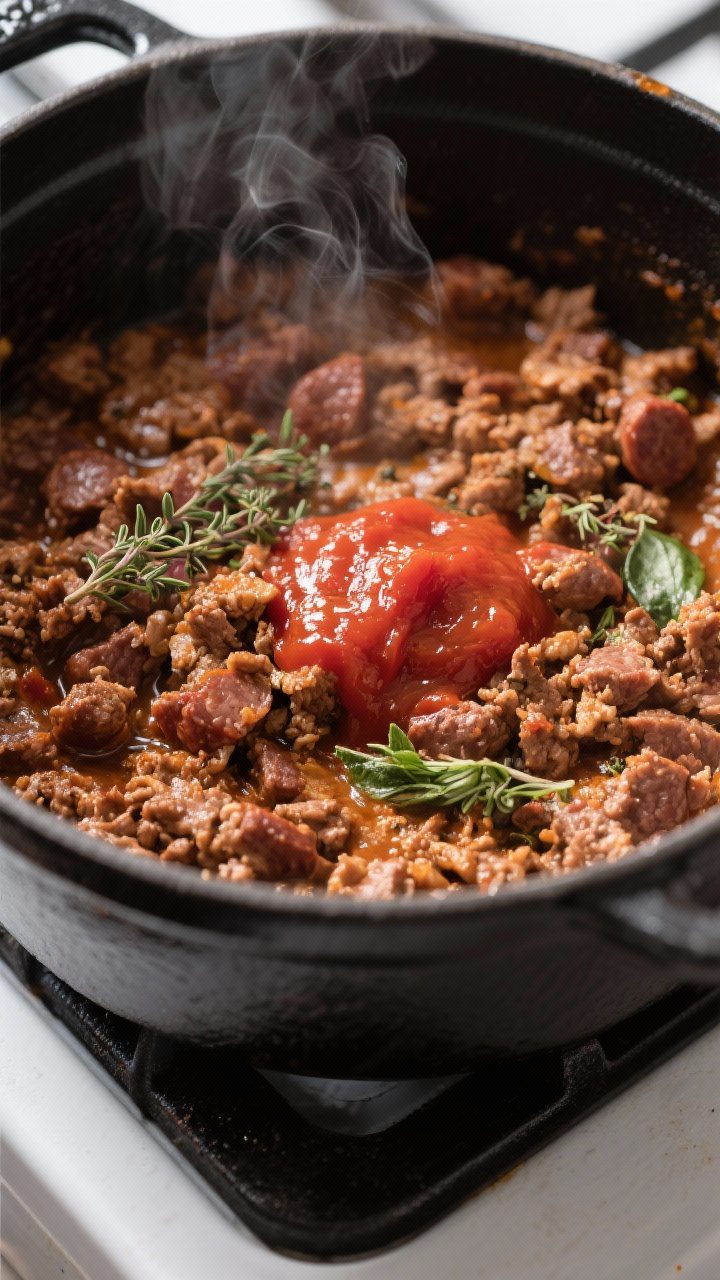 Cooking process close-up: Deeply browned crumbled beef and Italian sausage blend sizzling in a wide
