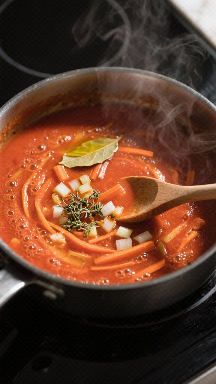 Cooking process, close-up detail: A deep saucepan on the stovetop with tomato soup actively simmerin