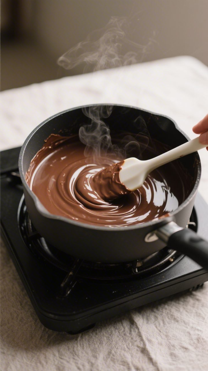 Cooking process, close-up detail: A saucepan of freshly melted chocolate fudge mixture being stirred