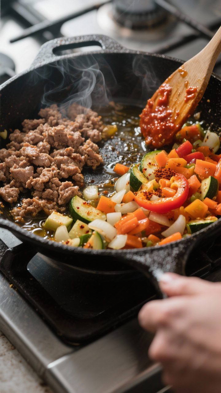 Cooking process, close-up detail: Close-up of a sizzling ground turkey and veggie skillet mid-cook,
