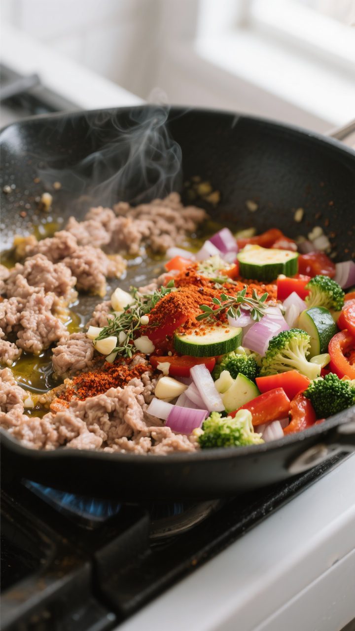 Cooking process, close-up detail: Ground turkey browning in a large skillet with lightly caramelized