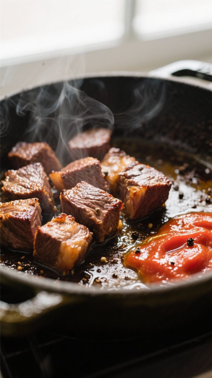 Cooking process, close-up detail: Searing cubes of beef chuck in a well-seasoned Dutch oven, golden-