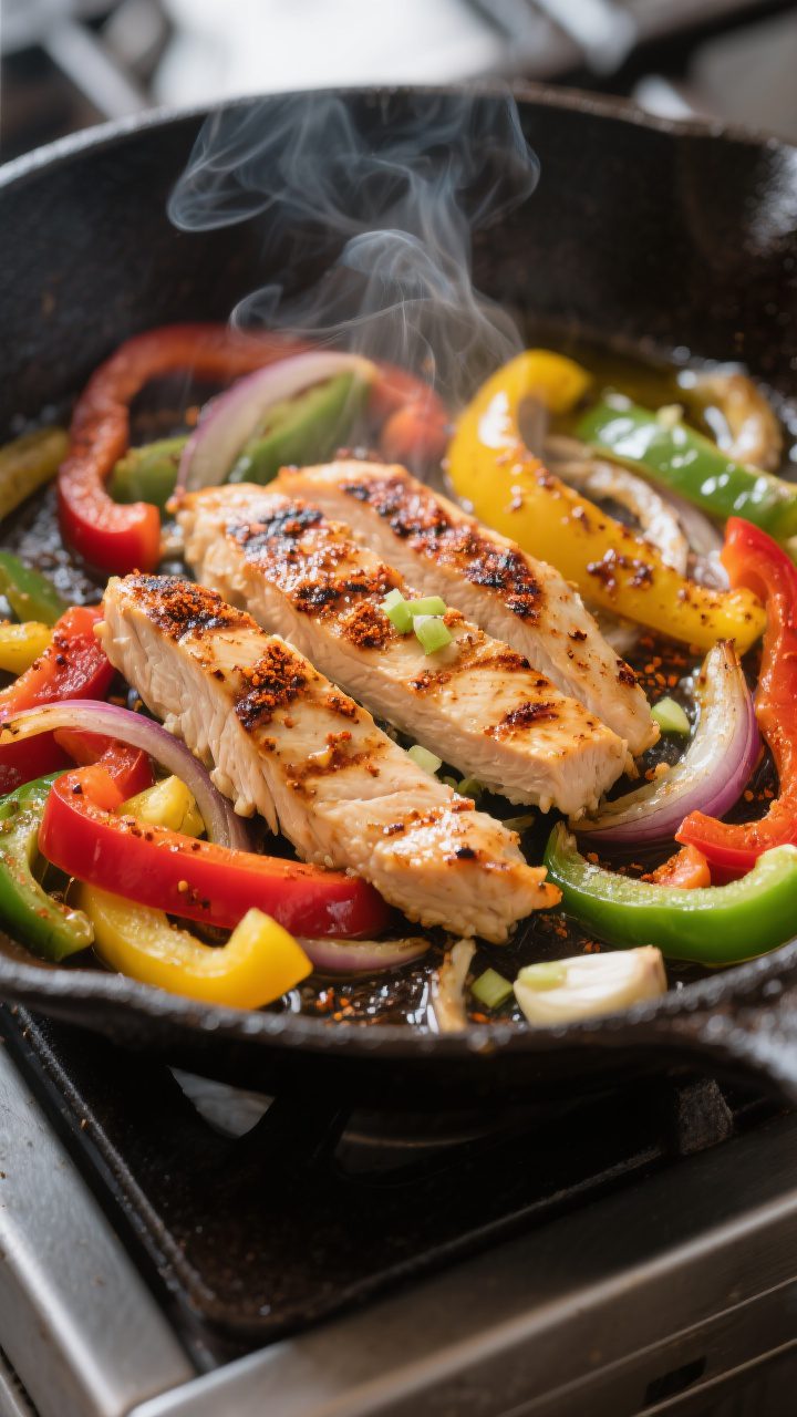 Cooking process, close-up detail: Sizzling chicken fajita strips in a hot cast-iron skillet, edges l