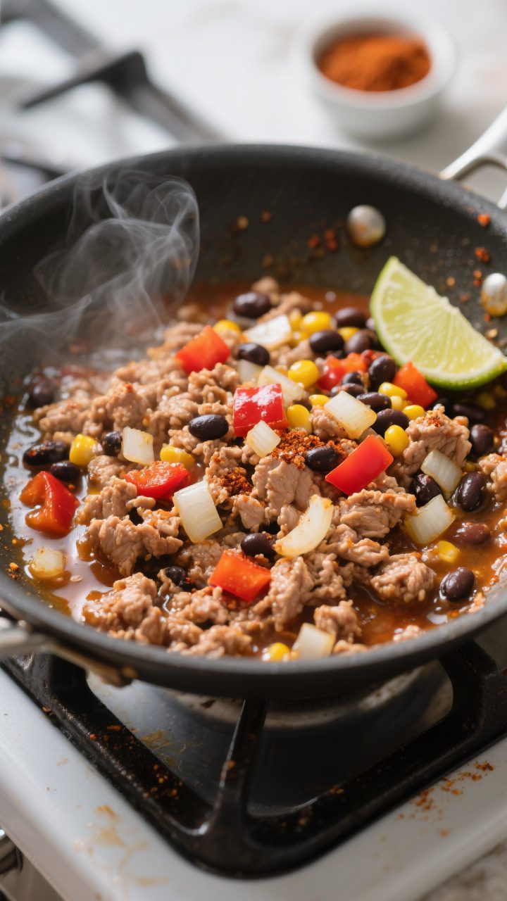 Cooking process, close-up detail: Sizzling seasoned ground turkey in a wide skillet, saucy but not w