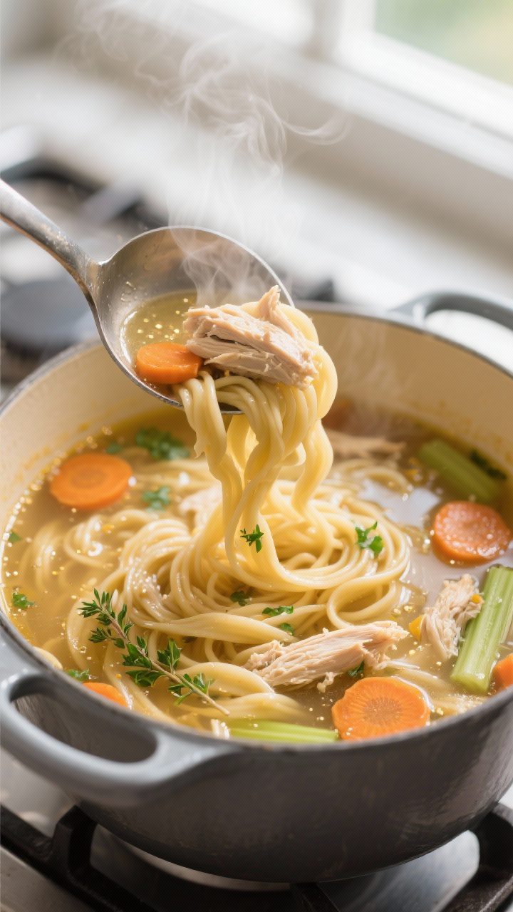 Cooking process, close-up detail: Steam-kissed ladle lifting glossy chicken noodle soup from a Dutch