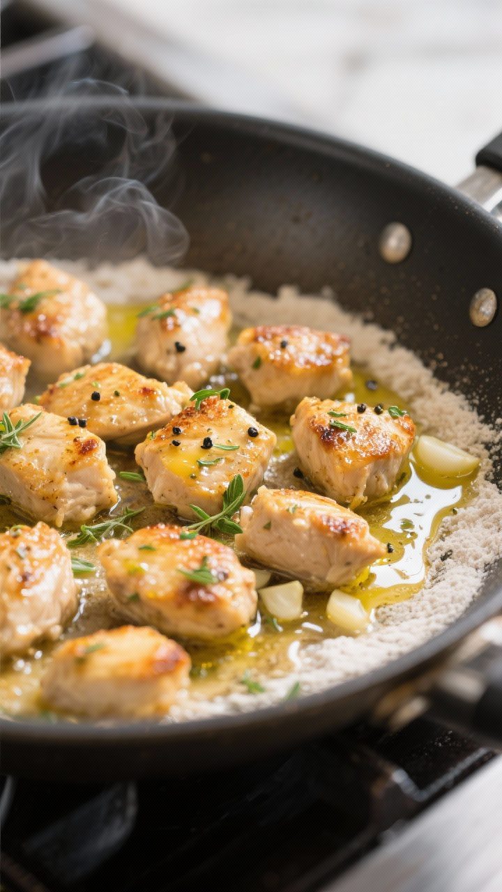 Cooking process close-up: Golden-browned chicken bites sizzling in a wide stainless skillet, glisten