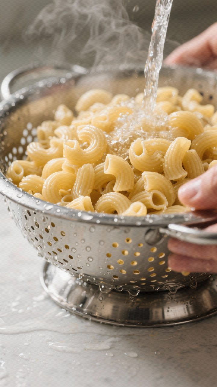 Cooking process close-up: Just-drained elbow macaroni being rinsed under cold water in a stainless s
