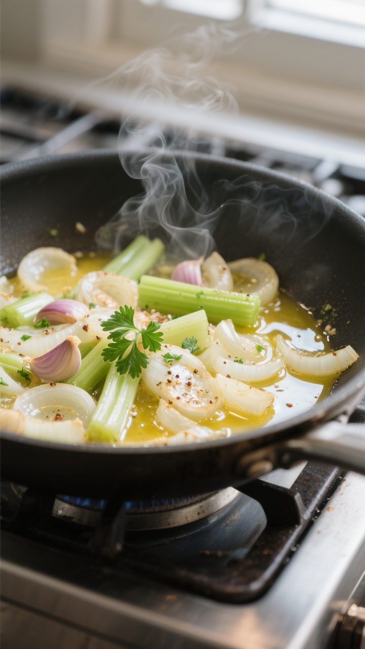 Cooking process close-up: Sautéed onions, celery, and garlic glistening in melted butter in a wide