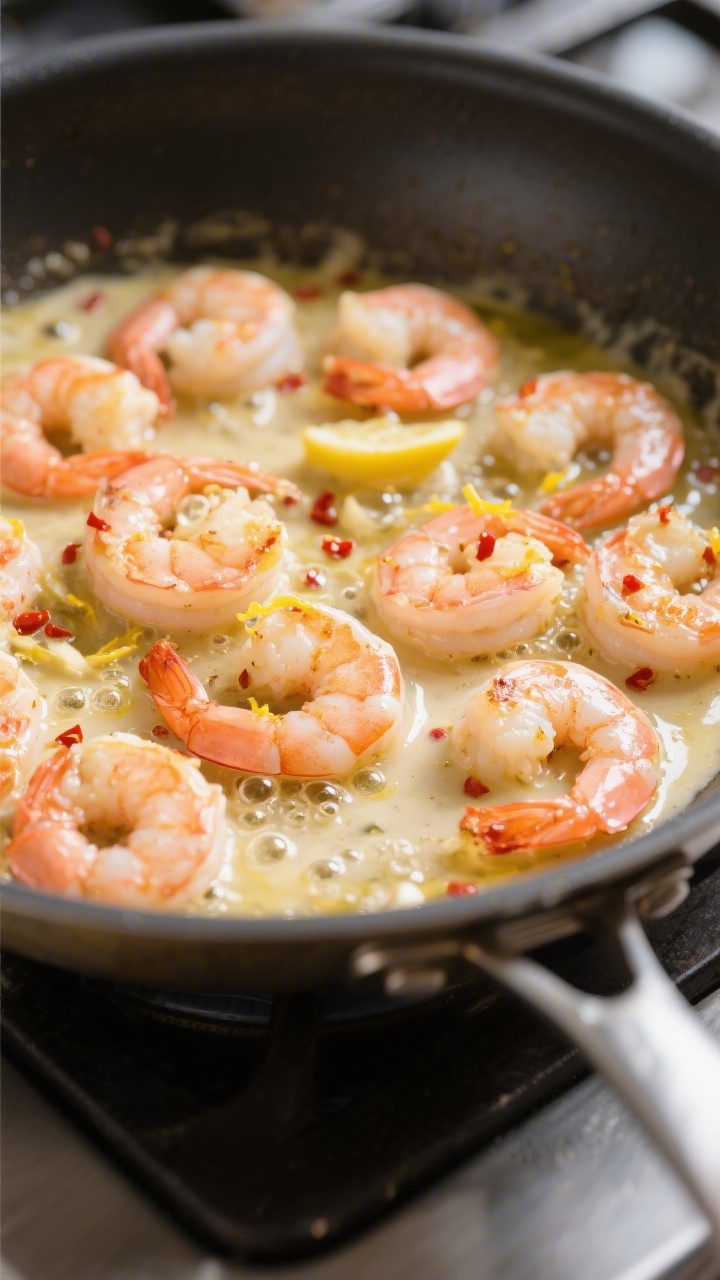 Cooking process close-up: Sautéed shrimp scampi moment in a large skillet, shrimp just seared and p